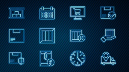 Set line Delivery tracking, hand with boxes, Shopping cart on computer, Wooden, Carton cardboard, Warehouse, delete and Calendar icon. Vector