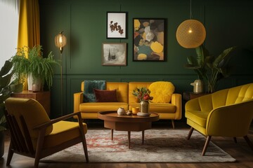 Mid century living room with sustainable green and burgundy decor, accentuated by yellow wall art. Generative AI