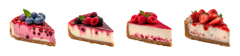 Slices of berry cheesecakes isolated on transparent background. Generative AI - obrazy, fototapety, plakaty