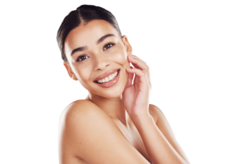 Happy woman, skincare and portrait smile in beauty cosmetics, glowing or facial treatment. Beautiful female smiling in dermatology for natural or perfect skin isolated on a transparent PNG background
