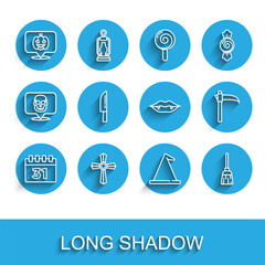 Fototapeta premium Set line Calendar with Halloween, Tombstone cross, Pumpkin, Witch hat, Witches broom, Knife, Scythe and Vampire teeth icon. Vector