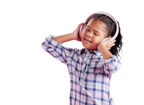 Dance, headphones and child listening to music streaming service isolated on transparent png background. Listen, relax and little girl with earphones, audio entertainment and fun with radio sound.