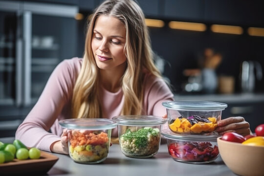 Woman putting cut fruit and vegetable into box and containers,  closeup. Generative AI.