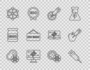 Set line Genetically modified meat, Syringe, orange, engineering modification, GMO, No, and apple icon. Vector