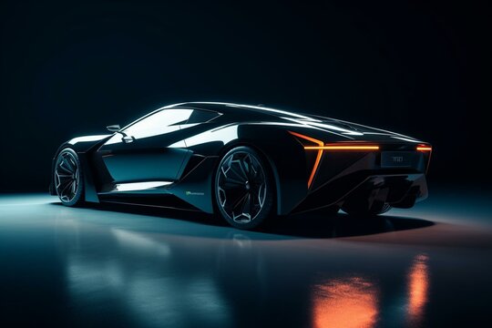 Black autonomous sports car viewed from the side on a light background with innovative heads-up display technology. Generative AI