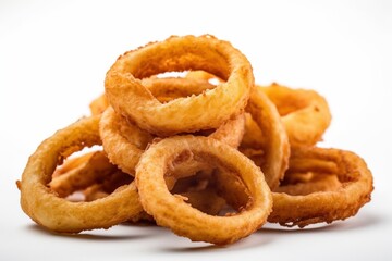 Bunch of fried onion rings over white isolated background. Generative AI.