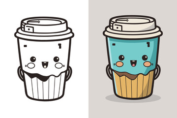 Coffee Cup Logo, Cute Coffee Cup Cartoon line art colorful Vector Illustration, Coffee cup icon design, Flat carton style, Food and drink icon