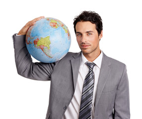 Portrait, business and man with a globe, entrepreneur and development isolated against a transparent background. Face, male employee or consultant with growth, earth and world with png and innovation