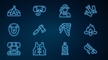 Set line Fishing rod, Campfire, Hunter, Wooden axe, Wild lion, Tourist tent, Bandana or biker scarf and Elephant icon. Vector
