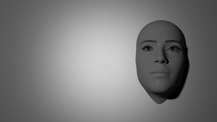 3d illustration. Human face sticking out of the gray background. 