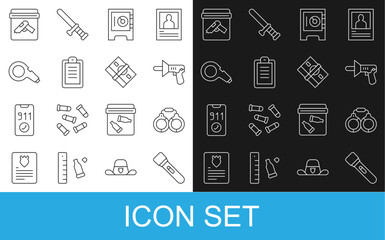 Set line Flashlight, Handcuffs, Police megaphone, Safe, report, Whistle, Evidence bag with gun and Stacks paper money cash icon. Vector