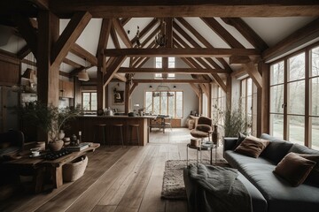 High-end rural home meets contemporary design. Wood beams create a cozy feel. Generative AI