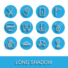 Set line Golf ball in water, Crossed golf club, car, Award cup with, Binoculars, Medal and hole flag icon. Vector