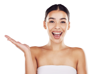 Beauty portrait, wow and product with a woman palm isolated on a transparent background for skincare. Hand, png and surprise with a young female person advertising natural treatment or cosmetics