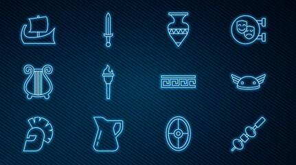 Set line Olive and cheese on chopstick, Helmet with wings, Ancient amphorae, Torch flame, lyre, Greek trireme, pattern and Medieval sword icon. Vector