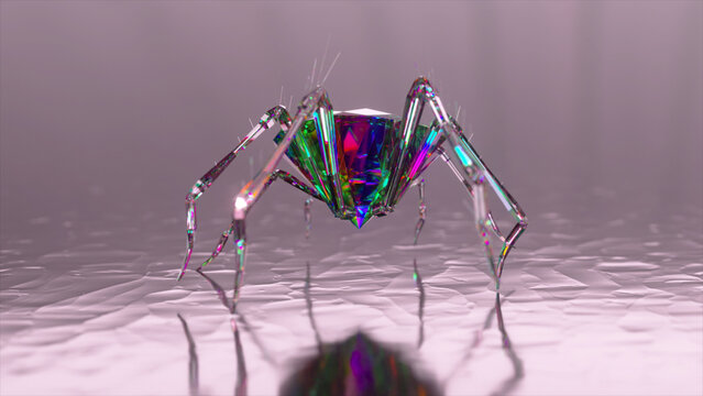 Spider with a body made of a diamond stone walks on a smooth mirror surface. Blue purple color.