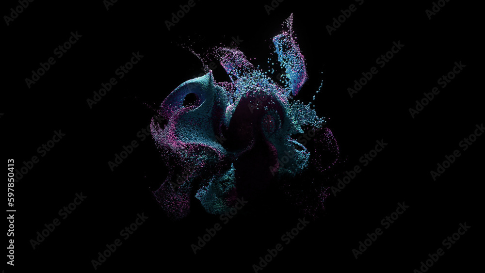 Poster whirlwind of colored particles on a black isolated background. video animation with surreal liquid c