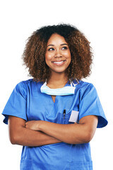 Isolated nurse woman, thinking or arms crossed with smile, pride or excited by transparent png background. African female medic, doctor or ideas for healthcare vision, wellness and service at clinic