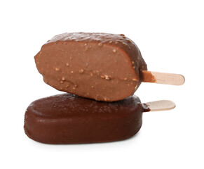 Delicious chocolate covered ice cream on stick against white background