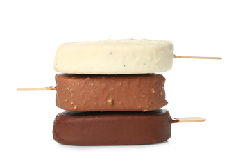 Different chocolate covered ice cream on stick against white background