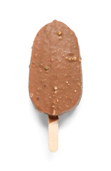 Delicious chocolate covered ice cream on stick against white background