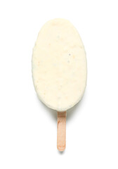 Delicious chocolate covered ice cream on stick against white background