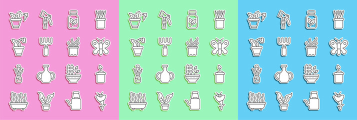 Set line Flower, Sprout in bottle, Butterfly, Fertilizer, Garden rake, pot, Spraying plant and Exotic tropical icon. Vector