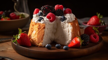 Classic Angel Food Cake with Fresh Berries and Whipped Cream. Generative AI.