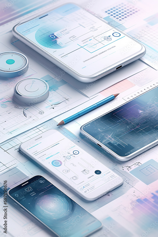 Wall mural mobile app design blueprint,technological design.created using generative ai technology.