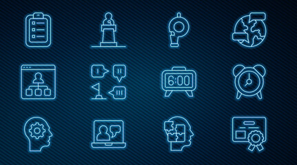 Set line Certificate template, Alarm clock, Whistle, Planning strategy, Online education, To do list or planning, Digital alarm and Speaker icon. Vector