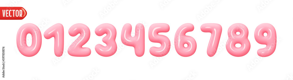 Poster pink numbers from 0 to 9. collection of voluminous inflated color numbers from balloon. set of brigh