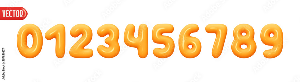 Poster Orange numbers from 0 to 9. Collection of voluminous inflated color numbers from balloon. Set of bright bubble spherical numbering figures. Elements in cartoon style. vector illustration
