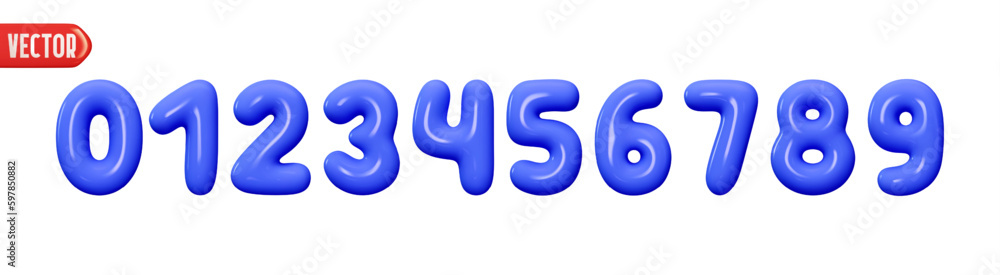 Poster blue numbers from 0 to 9. collection of voluminous inflated color numbers from balloon. set of brigh