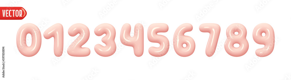 Poster pink numbers from 0 to 9. collection of voluminous inflated color numbers from balloon. set of brigh