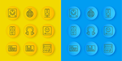 Set line Music synthesizer, player, Headphones, Drum machine, Stereo speaker and Disco ball icon. Vector