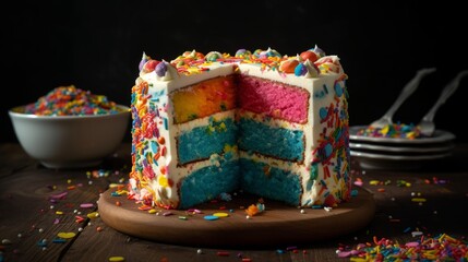 Fototapeta na wymiar Colorful Rainbow Cake with Vanilla Buttercream Frosting and Rainbow Sprinkles. Generative AI.