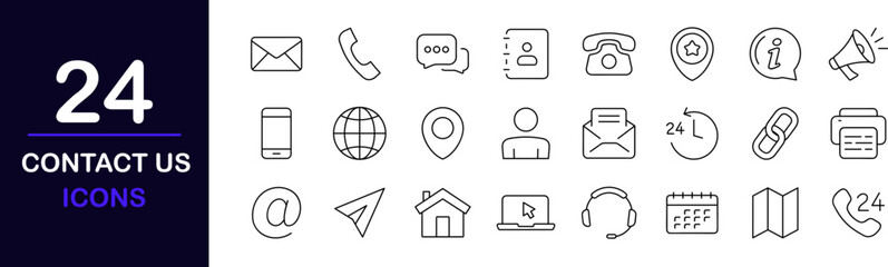 Contact us web icons set. Contact us - simple thin line icons collection. Containing mail, web site, chat, phone, email address, customer service, call symbol and more. Simple web icons set