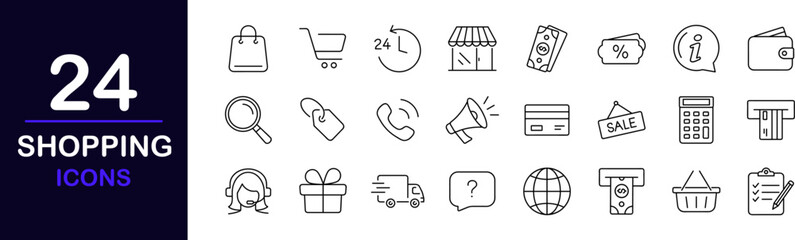 Shopping web icons set. Shopping - simple thin line icons collection. Containing money, list products, bank card, bag, terminal, gifts and more. Simple web icons set