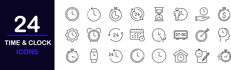 Time and clock web icons set. Time and clock - simple thin line icons collection. Containing timer, countdown, hour, calendar, alarm, date and more. Simple web icons set