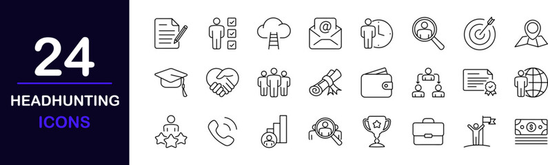 Headhunting web icons set. Headhunting - simple thin line icons collection. Containing job interview, hiring process, candidat, team, Career Path, Resume and more. Simple web icons set