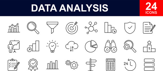 Data analysis web icons set. Data analysis - simple thin line icons collection. Containing charts, graphs, traffic analysis, big data, statistics, analytics and more. Simple web icons set