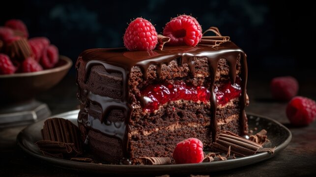 Decadent Chocolate Cake with Chocolate Ganache and Fresh Raspberries. Generative AI.