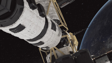 Space concept. Close-up of the surface of the spacecraft. Flight of the ISS over the atmosphere of the globe. Universe © flashmovie