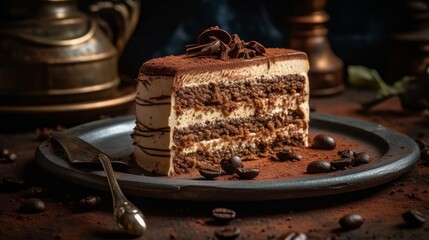 Decadent Tiramisu Cake with Espresso Buttercream and Chocolate Shavings. Generative AI.