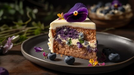 Elegant Earl Grey Blueberry Cake with Cream Cheese Frosting and Edible Flowers. Generative AI.