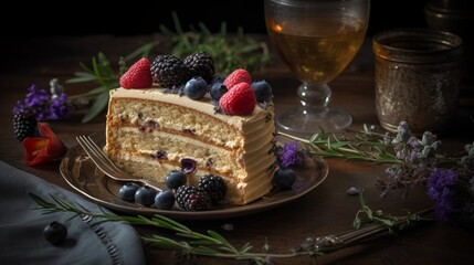 Obraz na płótnie Canvas Dreamy Earl Grey Lavender Cake with Honey Buttercream and Fresh Berries. Generative AI.