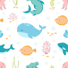 Obraz premium seamless marine pattern with sea animals, flat illustration