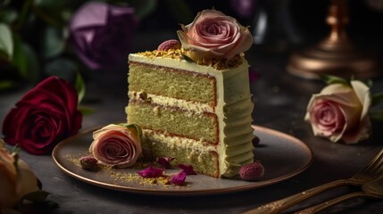 Fototapeta na wymiar Elegant Pistachio Rosewater Cake with Vanilla Buttercream and Edible Roses. Generative AI.