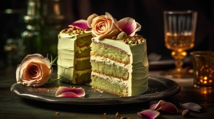 Obraz na płótnie Canvas Elegant Pistachio Rosewater Cake with Vanilla Buttercream and Edible Roses. Generative AI.