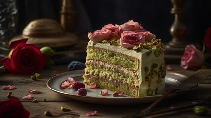 Obraz na płótnie Canvas Elegant Pistachio Rosewater Cake with Vanilla Buttercream and Edible Roses. Generative AI.